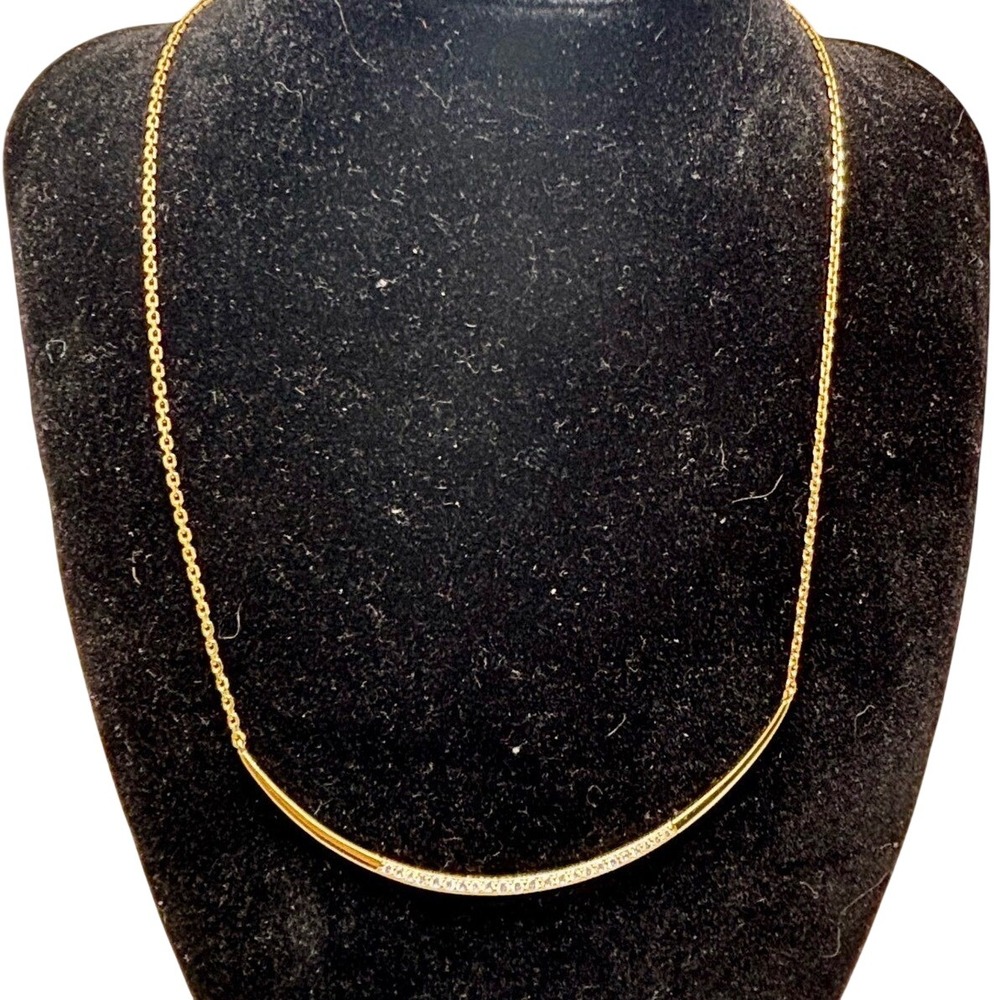 Stella Dot Gold Tone Curved‎ Bar Necklace Pave Crystal Smile Pendant